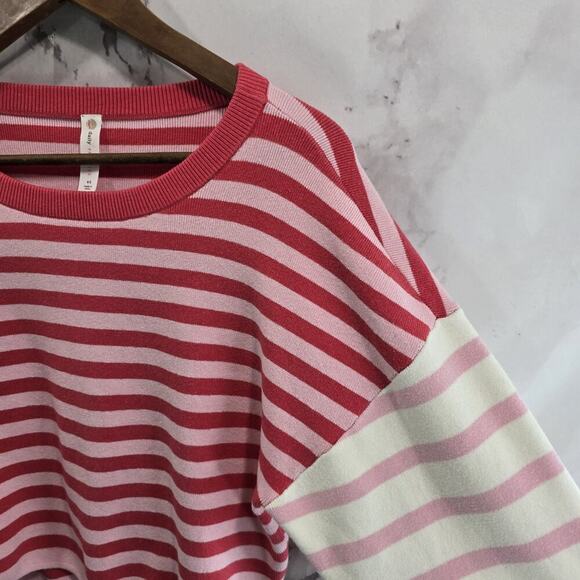 Anthropologie Sweater Women XS Pink White Striped Daily Crop Drop Shoulder - Picture 9 of 10